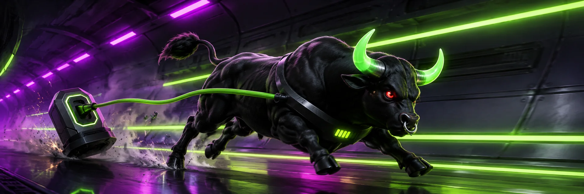 The Charged Bull running down a neon tunnel, dragging the charging station behind him